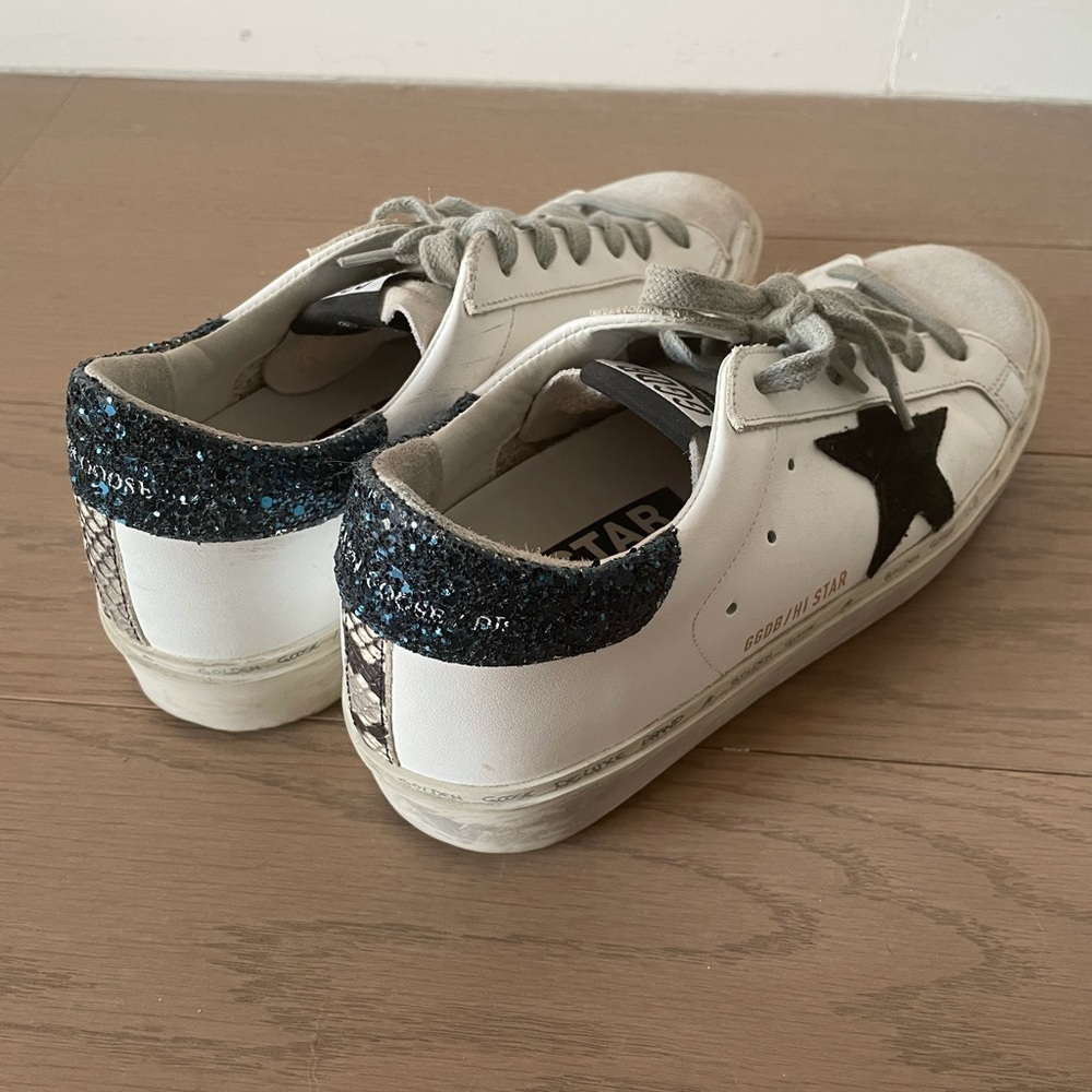 Golden Goose Hi Star Leather Sneakers White Black Star Blue Glitter - Picture 6 of 10